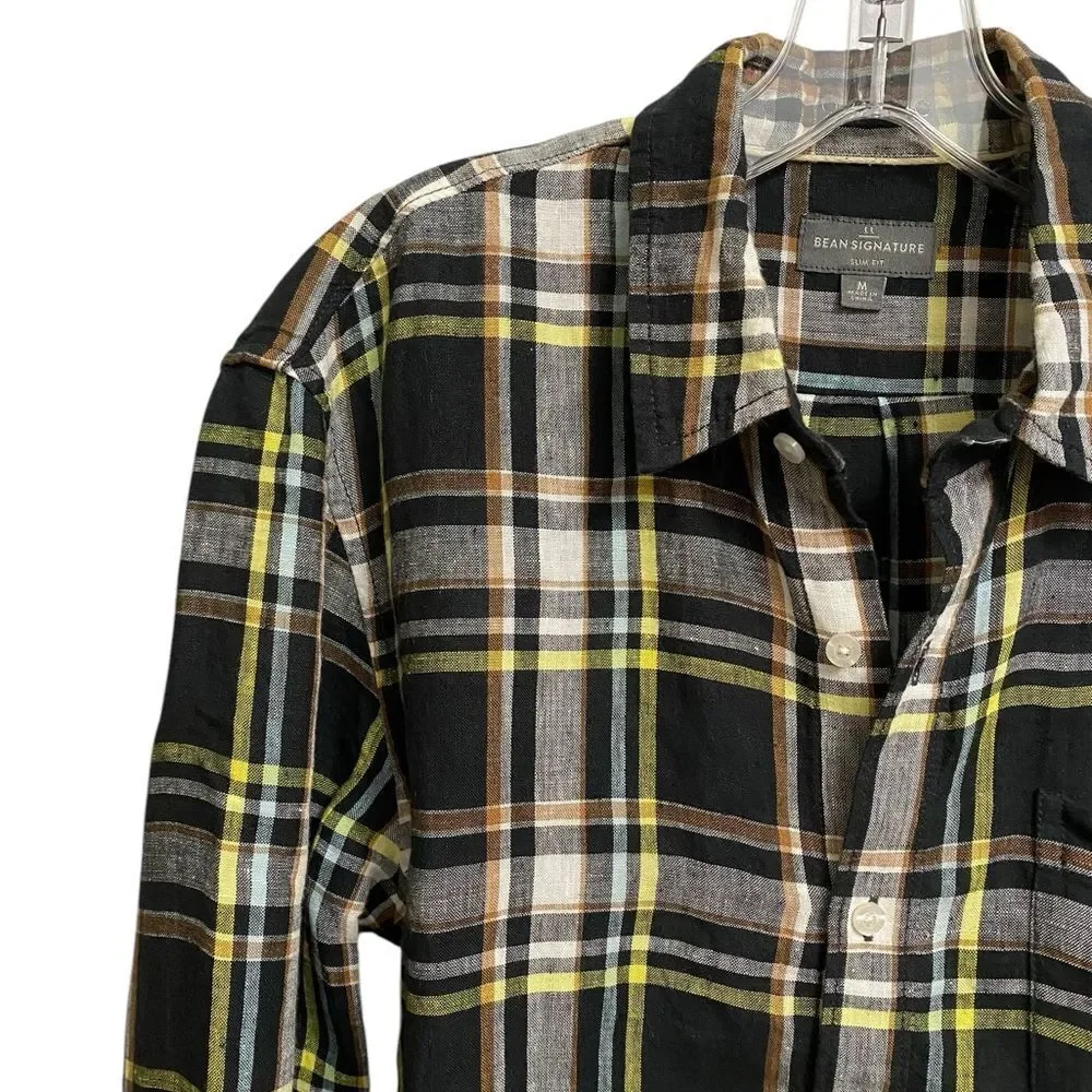 LL Bean Signature Men's Slim Fit Button Up Linen Shirt Size M Plaid Preppy